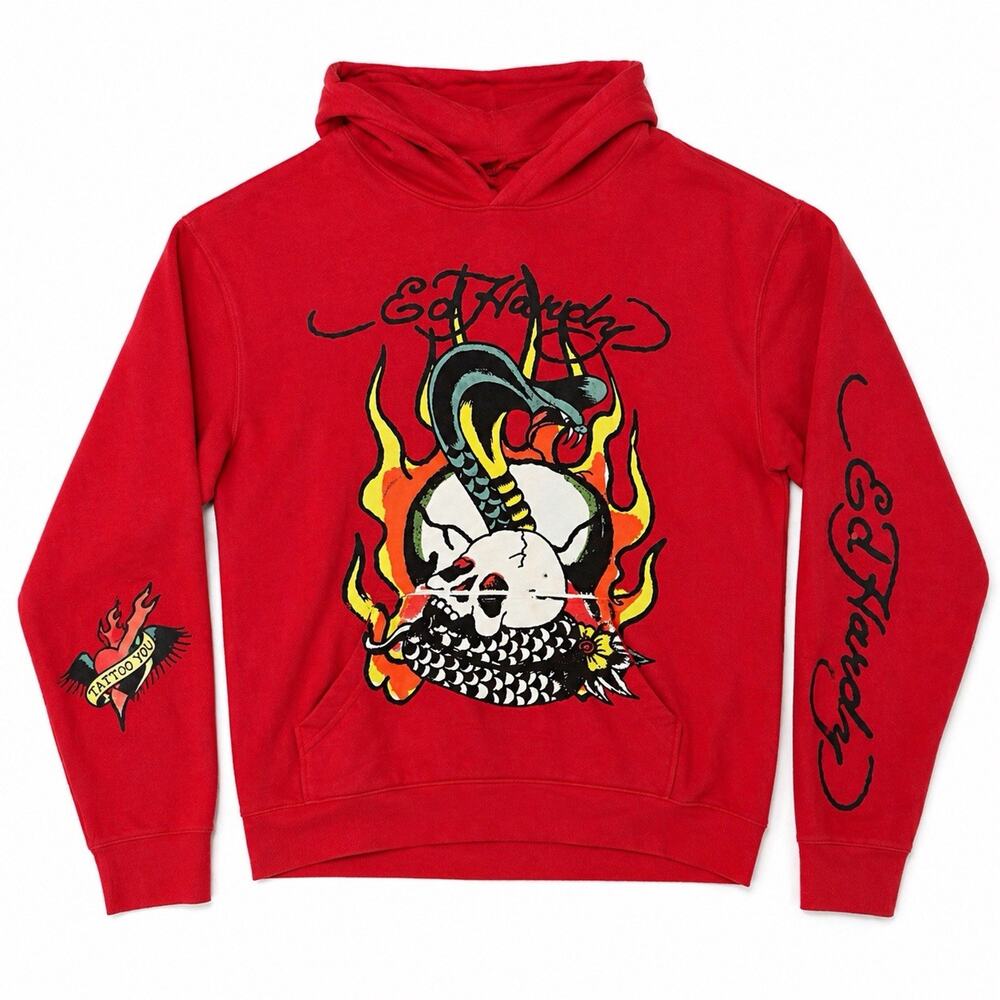 Ed Hardy Flame Cobra Hoodie Mens XXL Cherry Red Skull Y2K Pullover